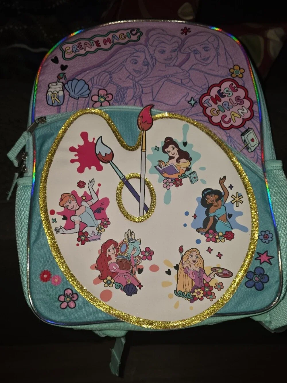 Disney Kids Backpack in Light Blue & Purple with Princess Art Palette